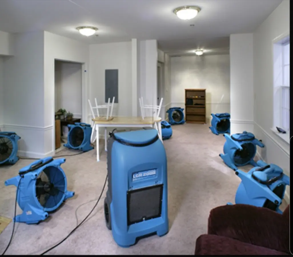 Air movers and dehumidifier setup for Water Extraction & Removal in Barre